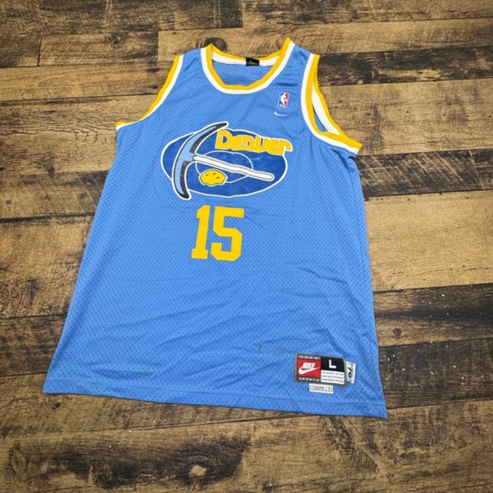 Vintage Nike Rewind Carmelo Anthony‎ Jersey #15 Basketball Blue Yellow L Nuggets